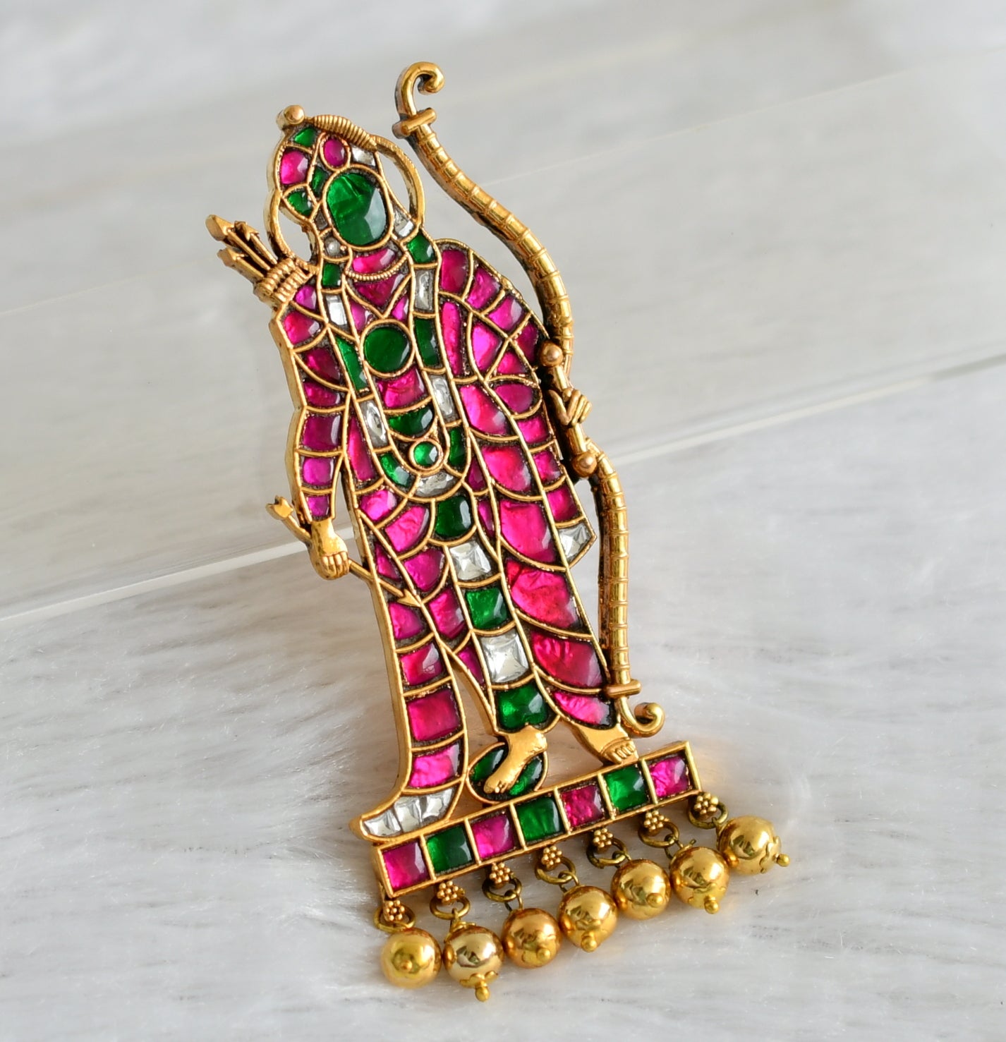 Gold tone pink-green -white kundan jadau Shri Ram pendant dj-47426