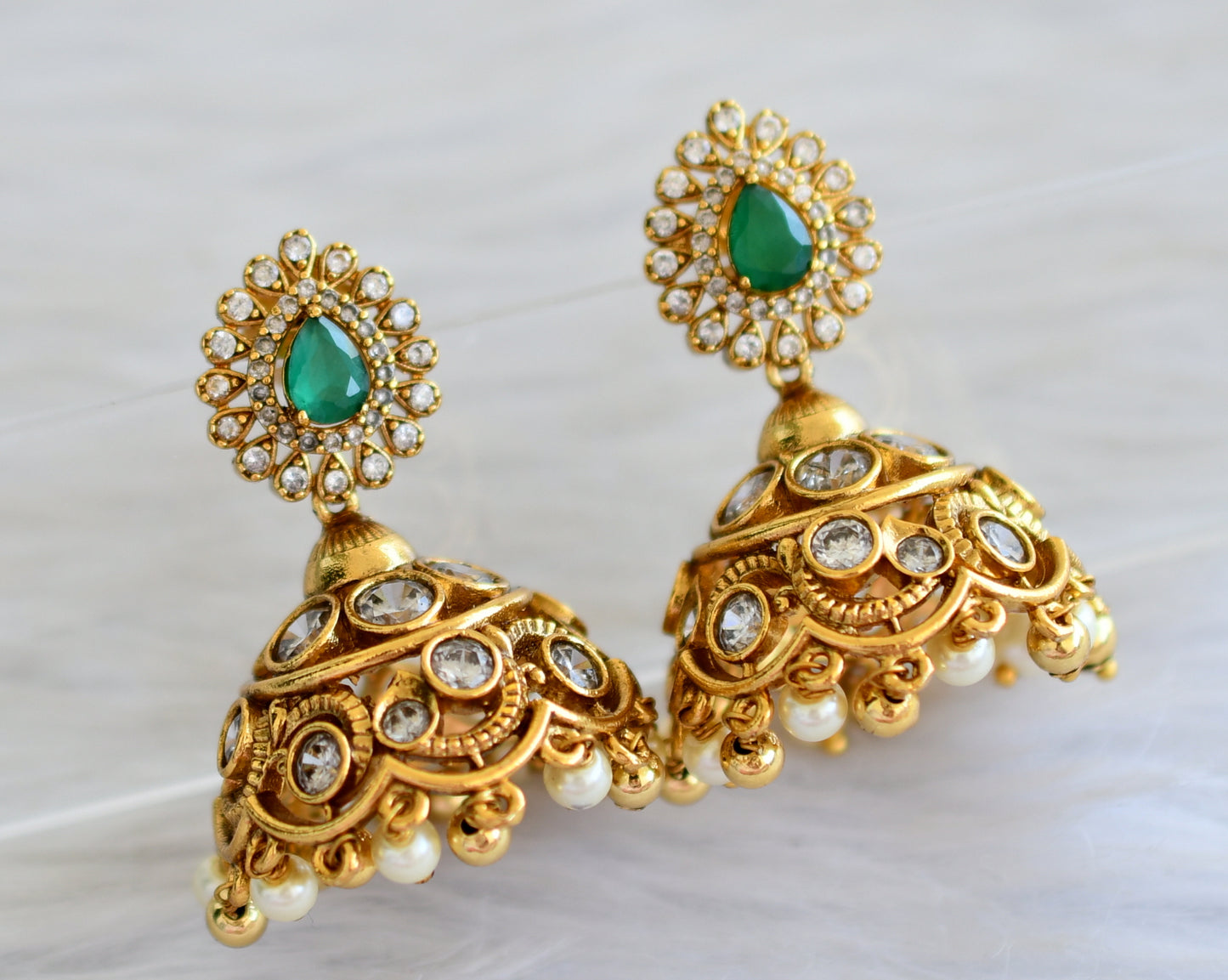 Antique gold tone emerald-white jhumkka dj-44012