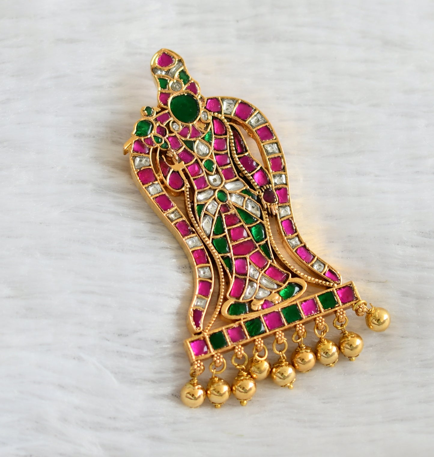 Gold tone pink-green-white kundan jadau Ma Meenakshi pendant dj-47427