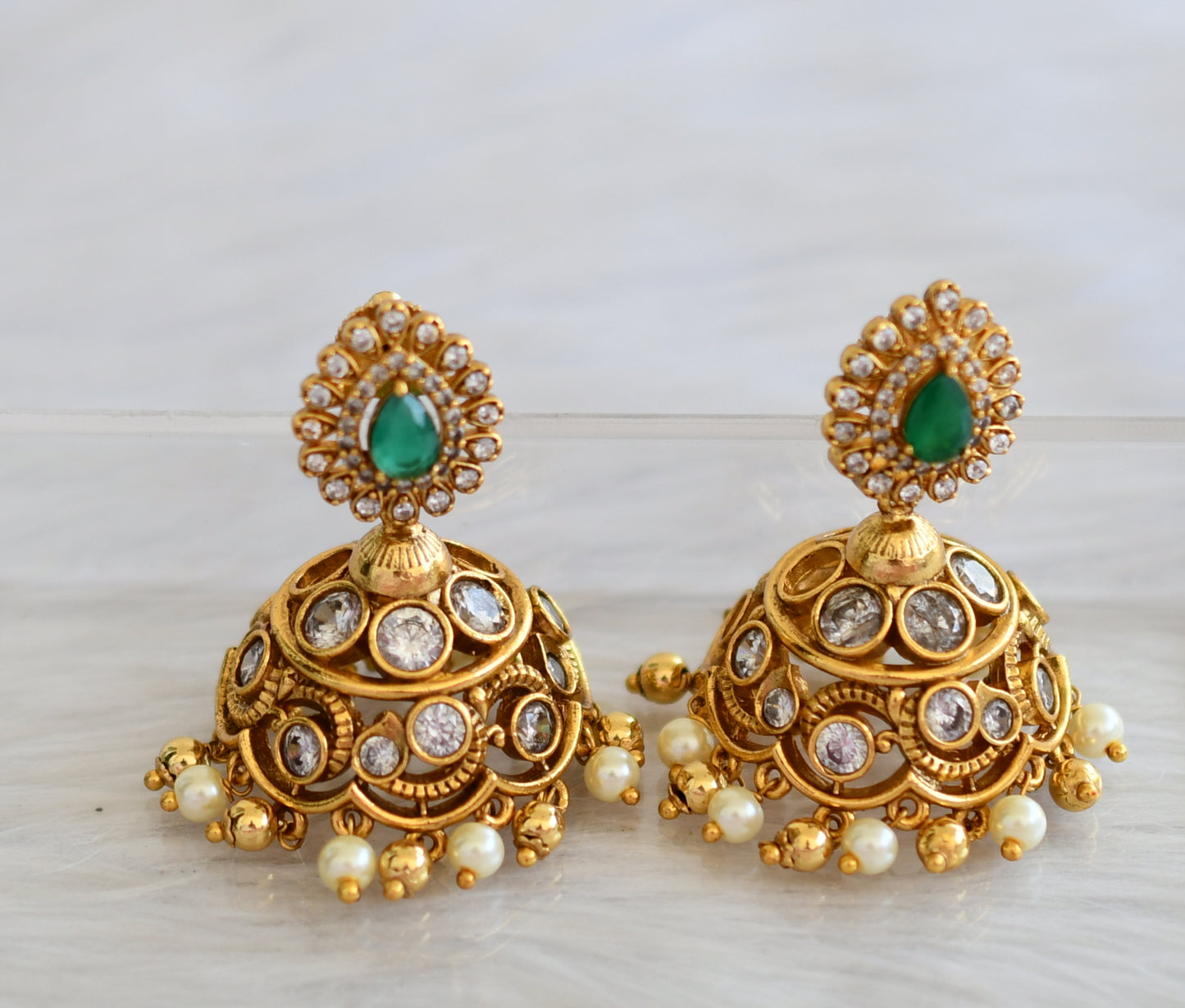 Antique gold tone emerald-white jhumkka dj-44012