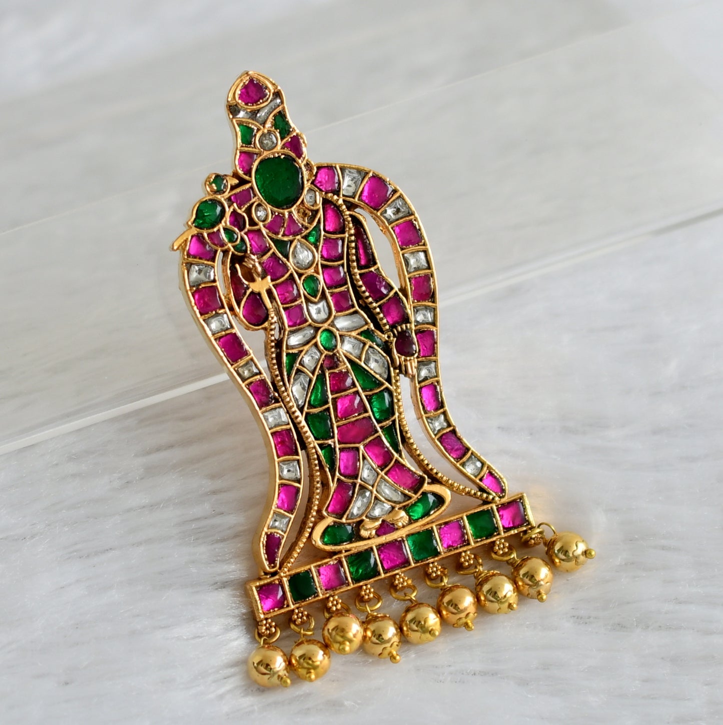 Gold tone pink-green-white kundan jadau Ma Meenakshi pendant dj-47427