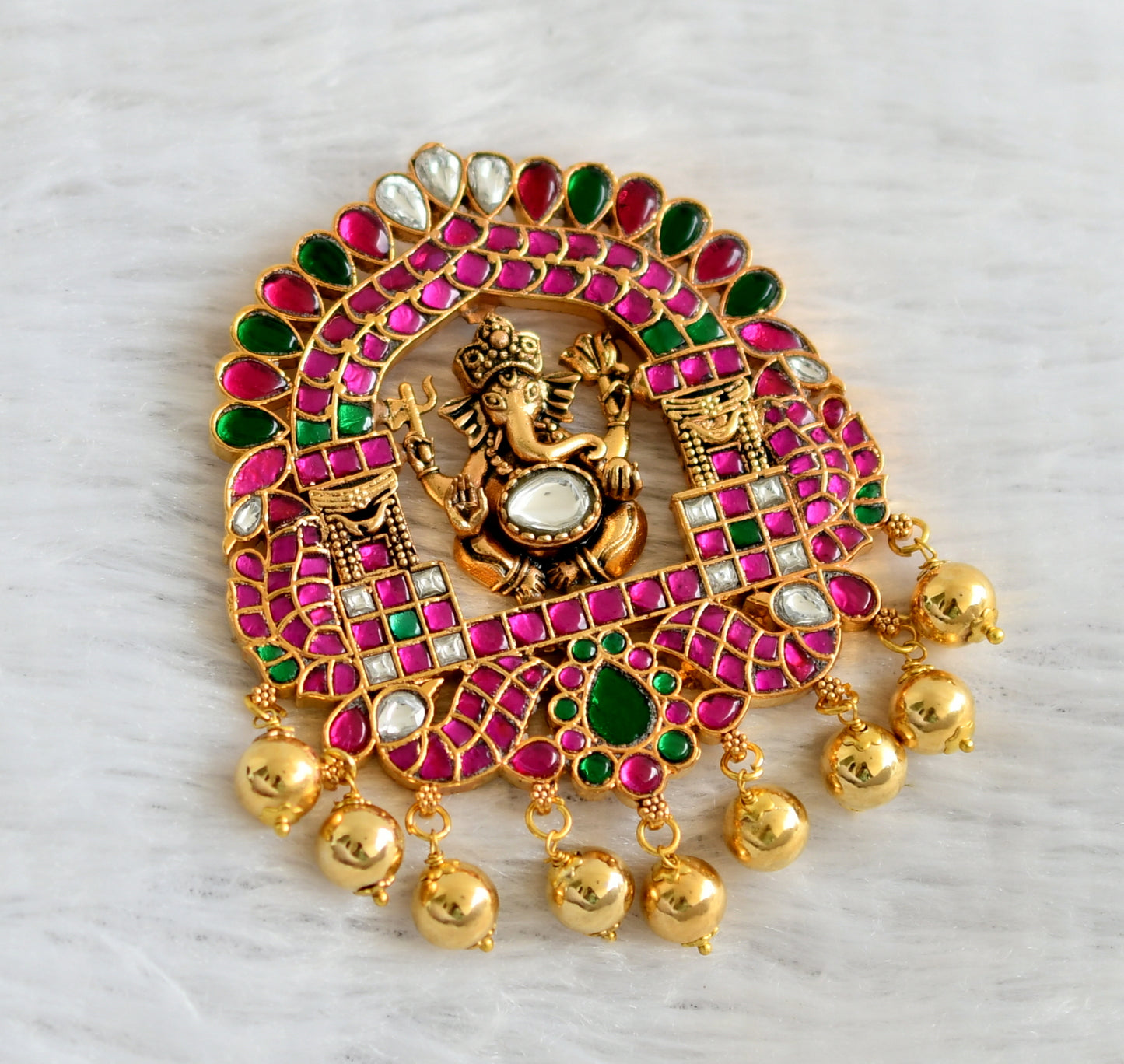 Gold tone pink-green-white kundan jadau Ganesha peacock pendant dj-47424