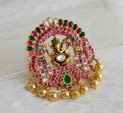 Gold tone pink-green-white kundan jadau Ganesha peacock pendant dj-47424