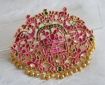 Gold tone pink-green-white kundan jadau big Shivaling peacock pendant dj-47430