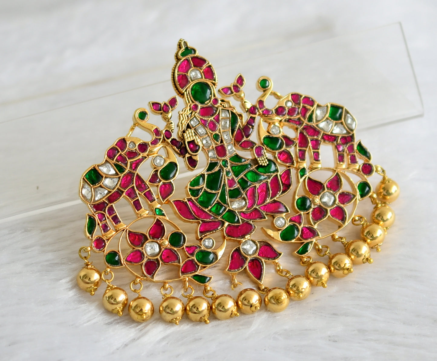 Gold tone pink-green-white kundan jadau big Gajalakshmi pendant dj-47429