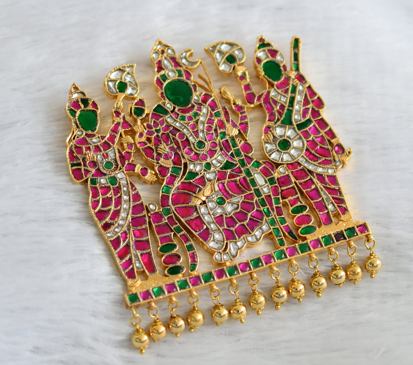 Gold tone pink-green-white kundan jadau big Lalithambigai pendant dj-47431