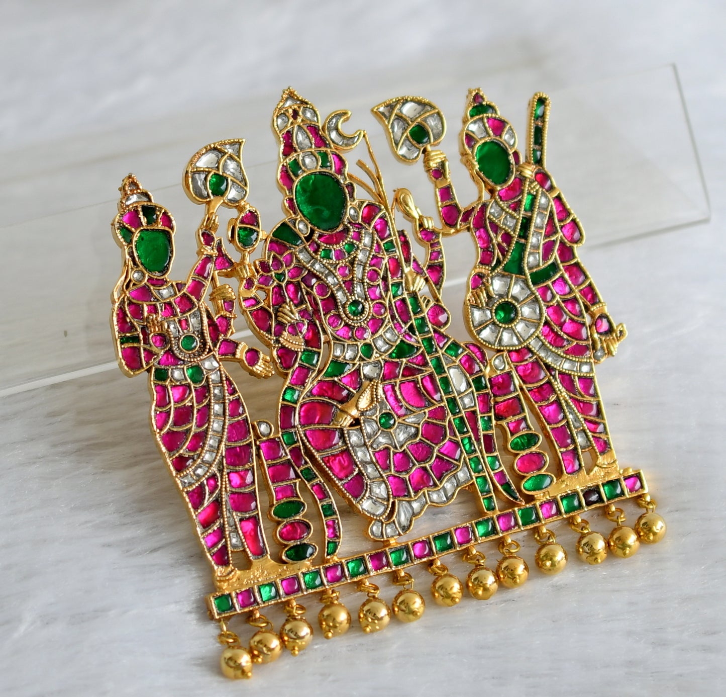 Gold tone pink-green-white kundan jadau big Lalithambigai pendant dj-47431