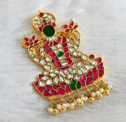 Gold tone pink-green-white kundan jadau Lakshmi pendant dj-47422