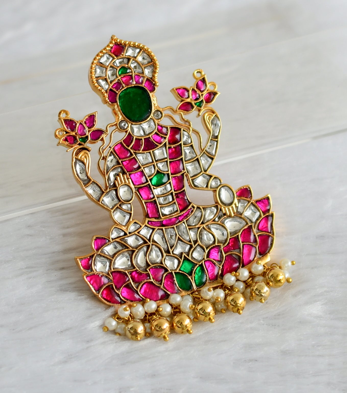 Gold tone pink-green-white kundan jadau Lakshmi pendant dj-47422