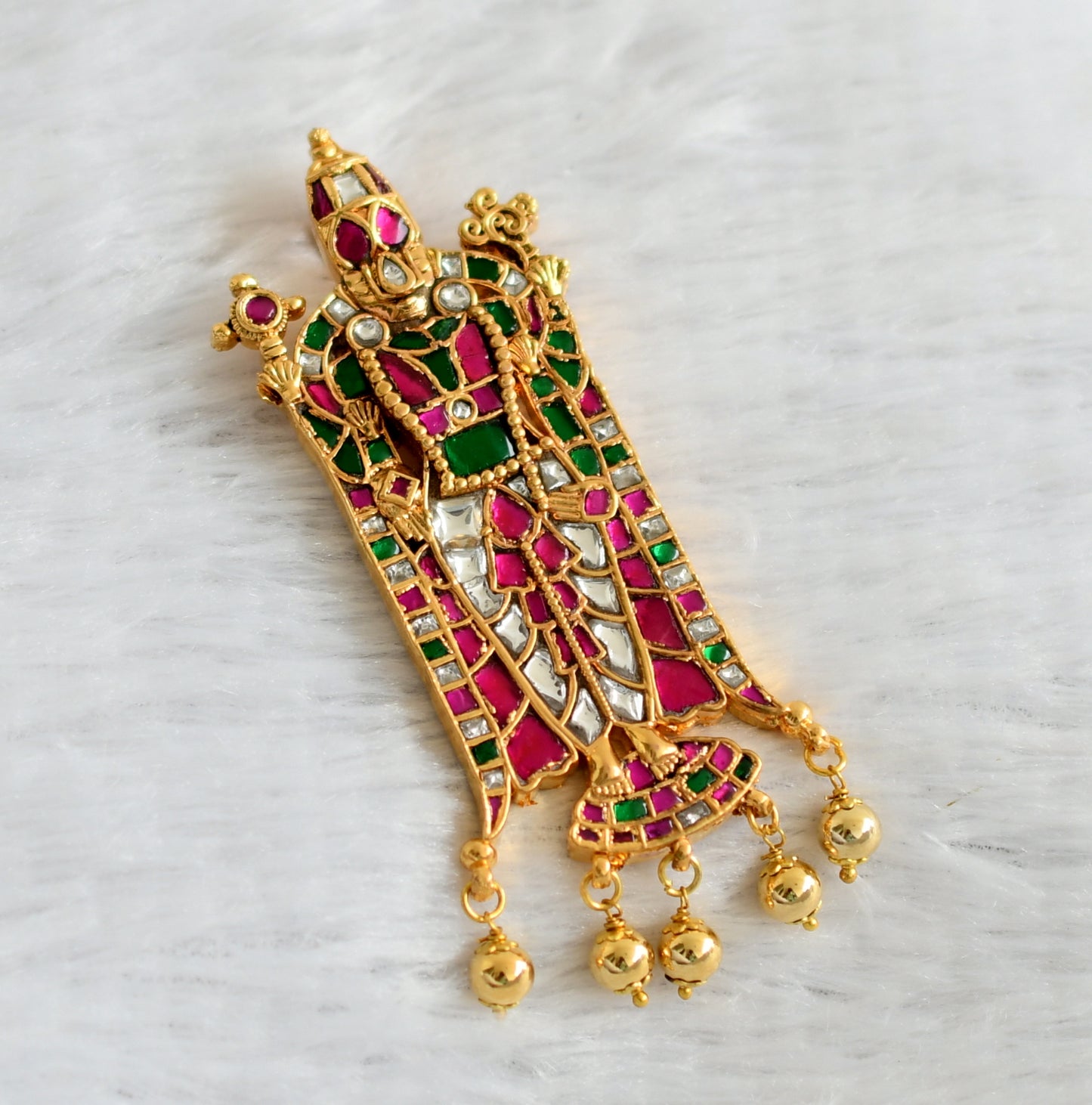 Gold tone pink-green-white kundan jadau Thirumal pendant dj-47428