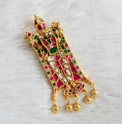 Gold tone pink-green-white kundan jadau Thirumal pendant dj-47428