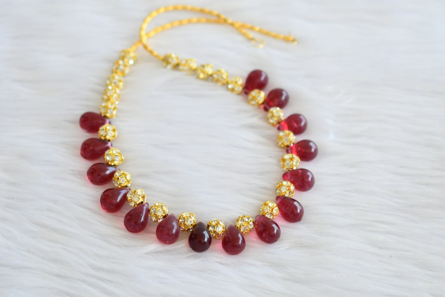 Gold tone handmade pink drop bead necklace dj-03998