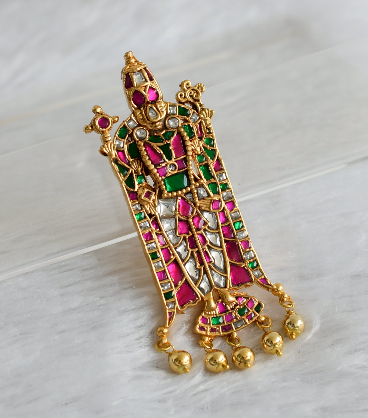 Gold tone pink-green-white kundan jadau Thirumal pendant dj-47428