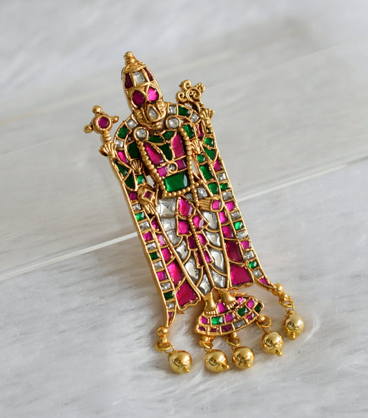 Gold tone pink-green-white kundan jadau Thirumal pendant dj-47428