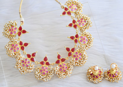 Gold tone ruby stone cluster necklace set dj-44024