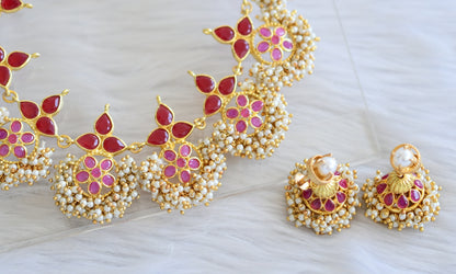 Gold tone ruby stone cluster necklace set dj-44024