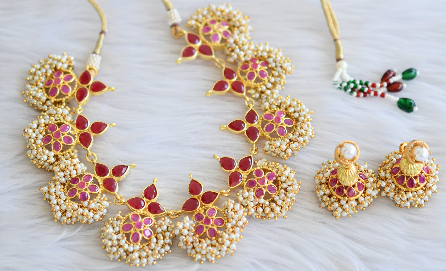 Gold tone ruby stone cluster necklace set dj-44024