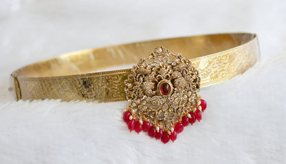 Antique gold tone cz magenta pink peacock flower pink beaded waist band dj-49254