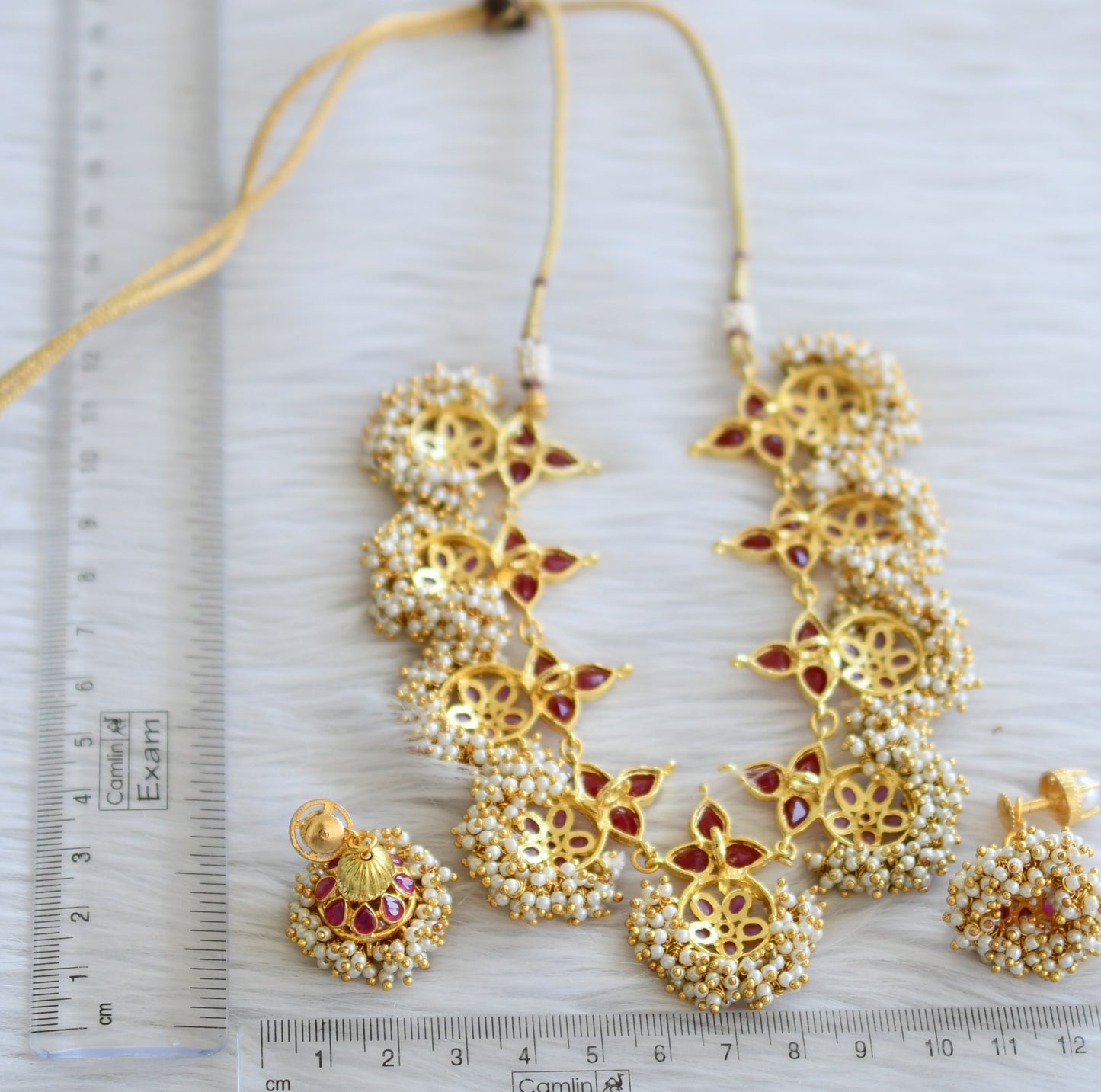 Gold tone ruby stone cluster necklace set dj-44024