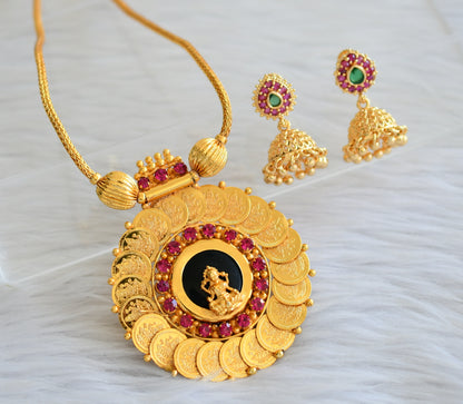 Gold tone pink-green lakshmi coin round necklace set dj-44023