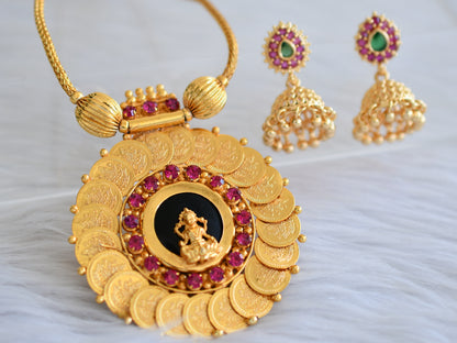 Gold tone pink-green lakshmi coin round necklace set dj-44023