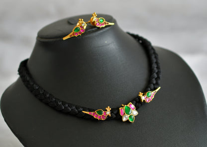 Gold tone black silk thread pink-green-white kundan jadau lotus bird necklace set dj-47432