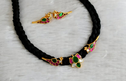 Gold tone black silk thread pink-green-white kundan jadau lotus bird necklace set dj-47432