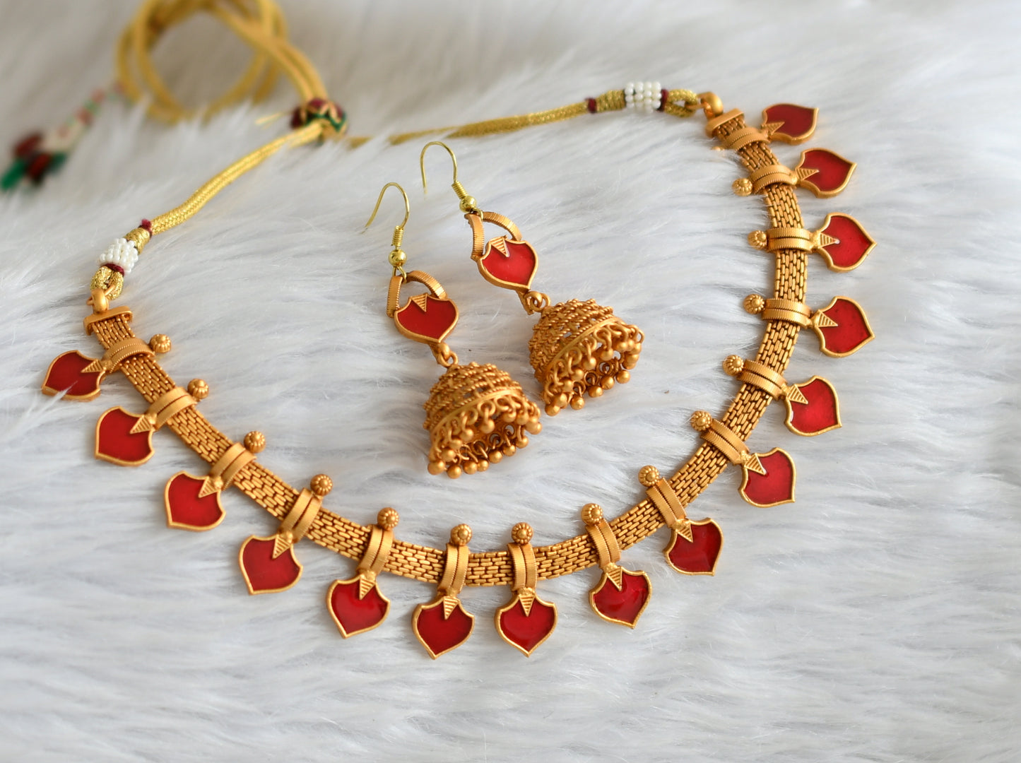 Matte finish red palakka kerala style necklace set dj-45761