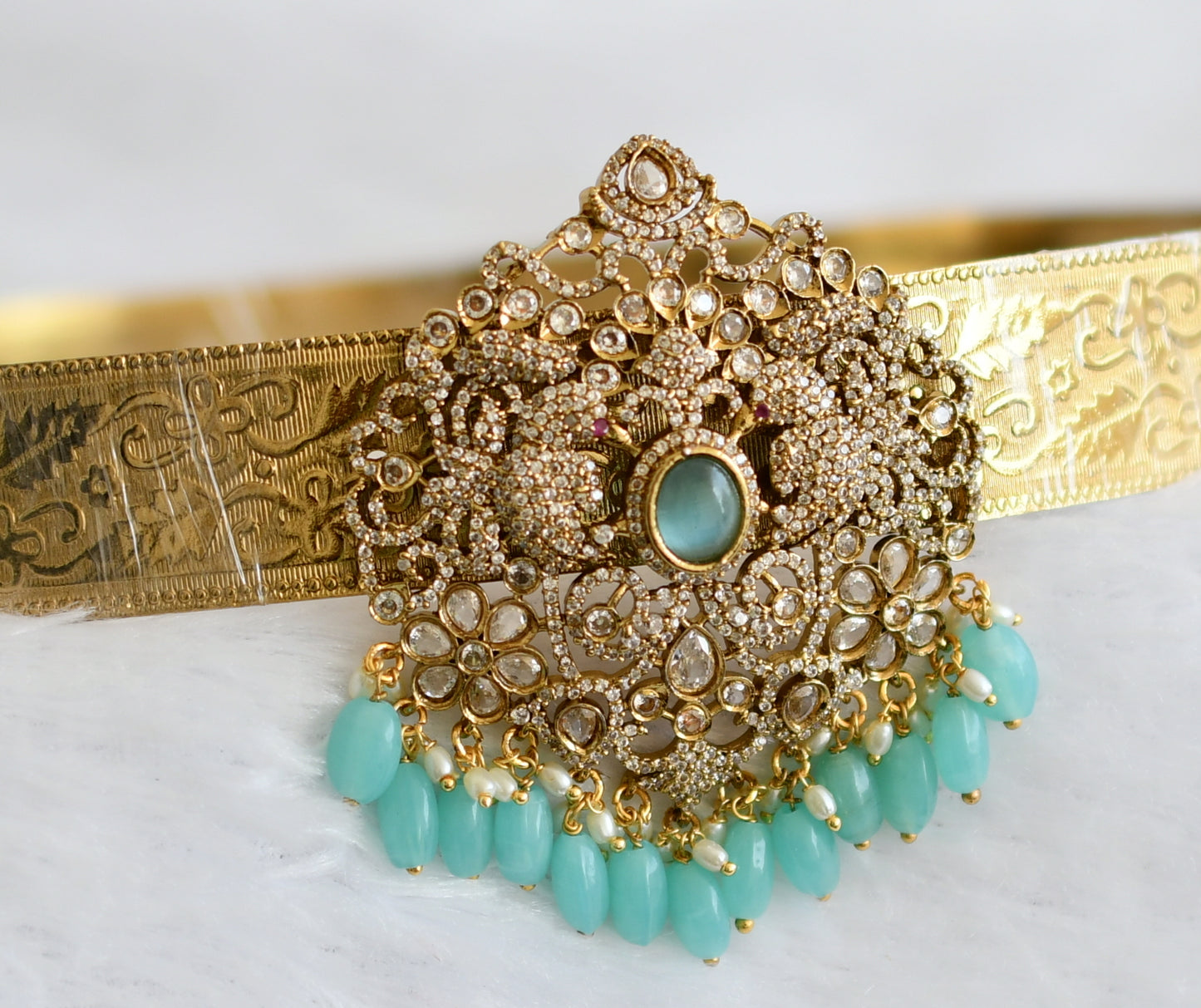 Antique gold tone cz sea green beaded peacock flower waist band dj-49255