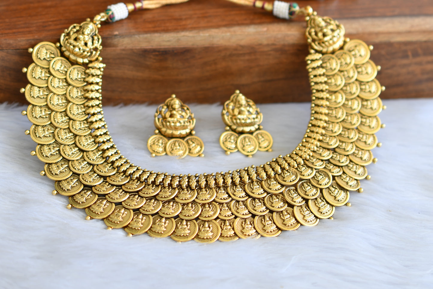 Matte finish Lakshmi coin triple layer necklace set dj-42698