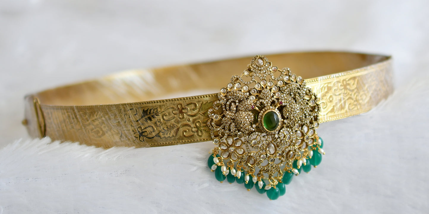 Antique gold tone cz green beaded peacock flower waist band dj-49256