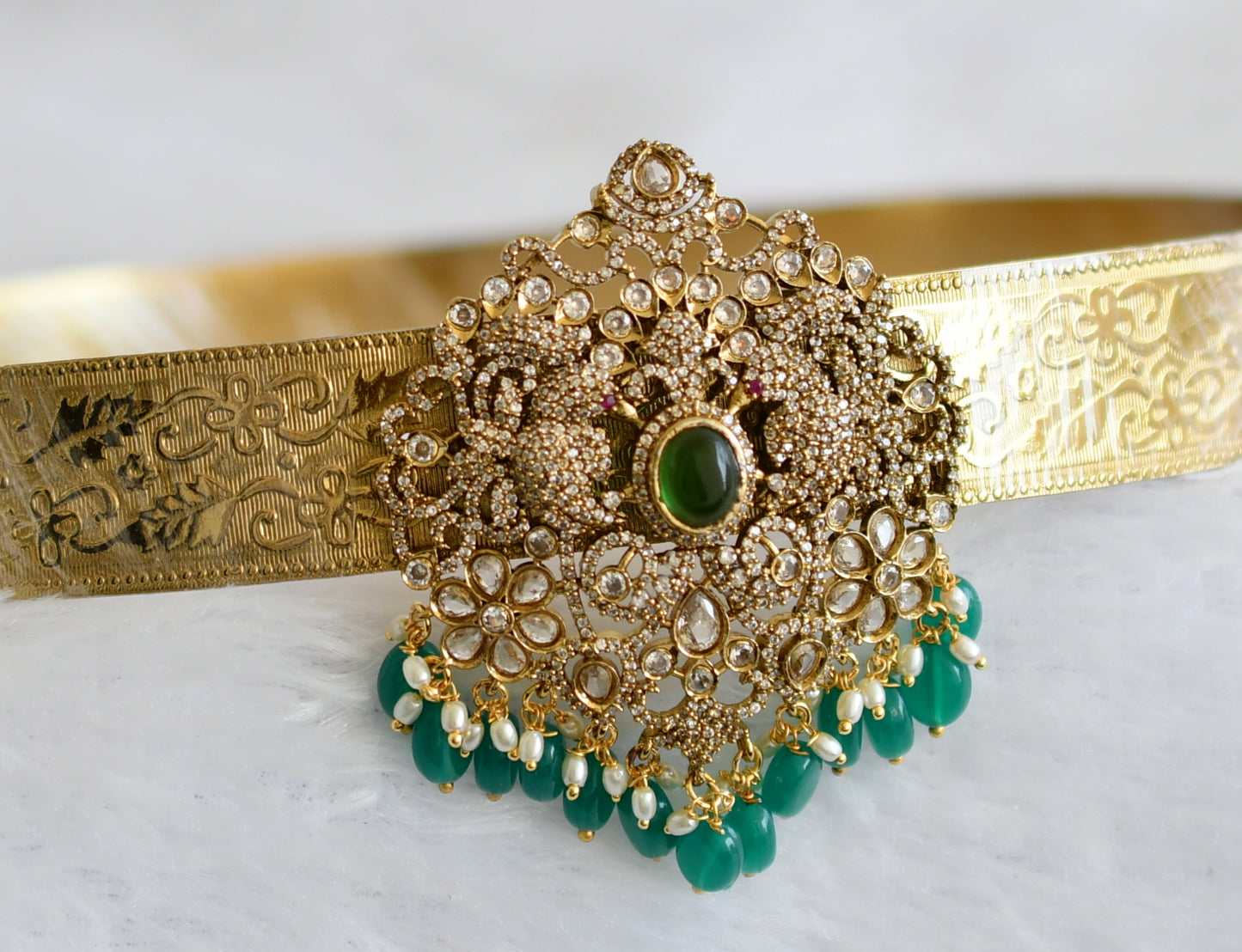 Antique gold tone cz green beaded peacock flower waist band dj-49256