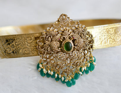 Antique gold tone cz green beaded peacock flower waist band dj-49256