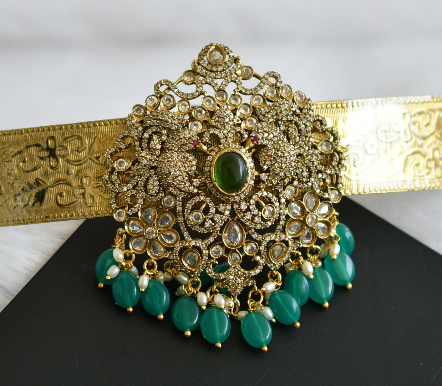 Antique gold tone cz green beaded peacock flower waist band dj-49256