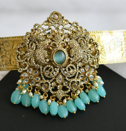 Antique gold tone cz sea green beaded peacock flower waist band dj-49255