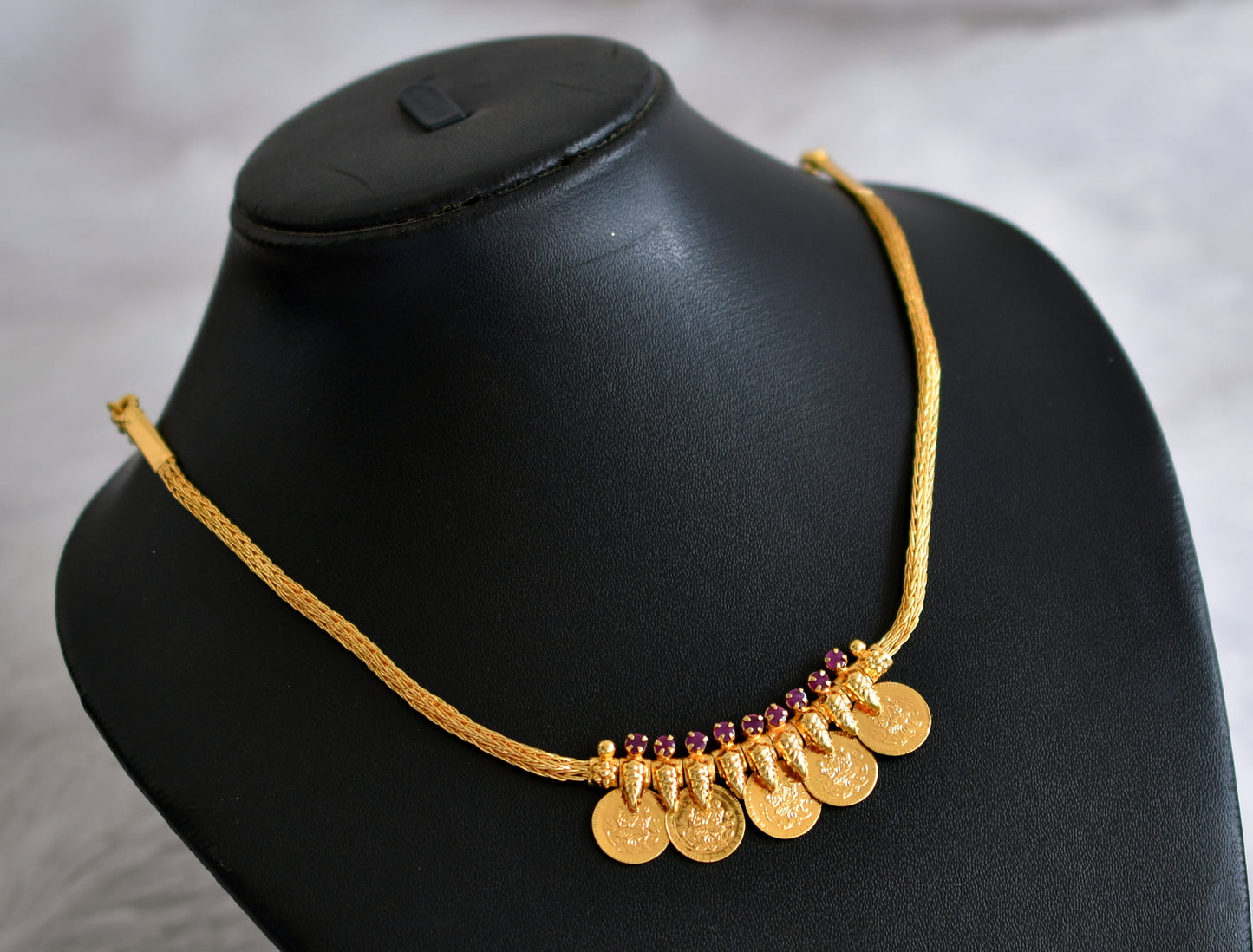 Gold tone kerala style ruby stone coin necklace dj-47435