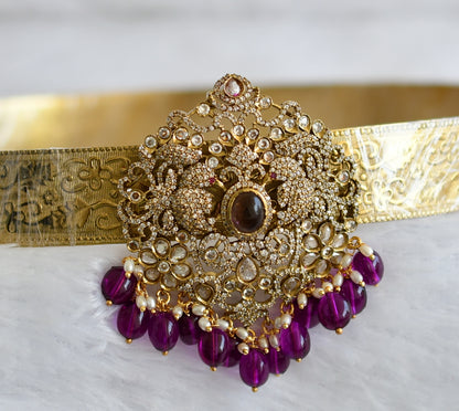 Antique gold tone cz purple beaded peacock flower waist band dj-49253