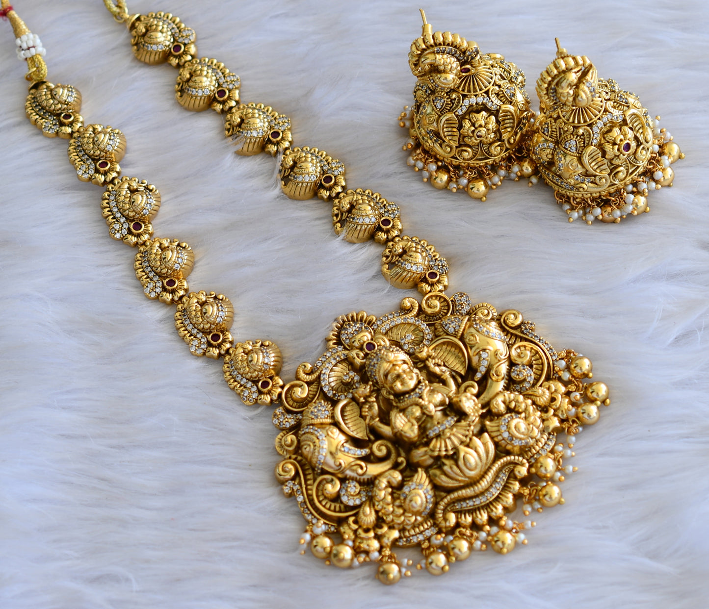 Antique gold look alike Cz Lakshmi peacock Necklace set dj-42700