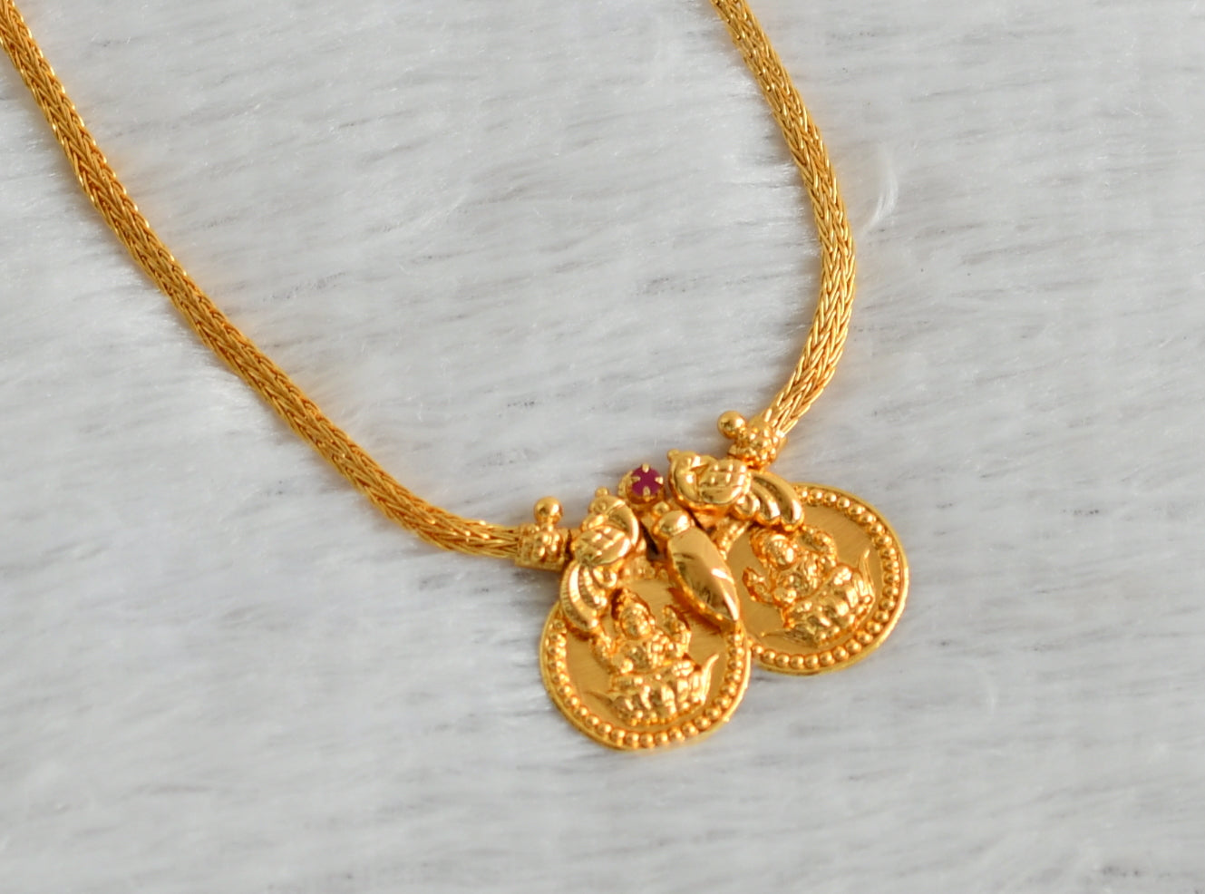 Gold tone kerala style ruby stone lakshmi coin peacock necklace dj-47437