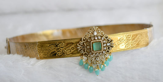 Antique gold tone cz sea-green beaded block stone waist band dj-49243