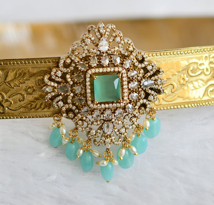 Antique gold tone cz sea-green beaded block stone waist band dj-49243