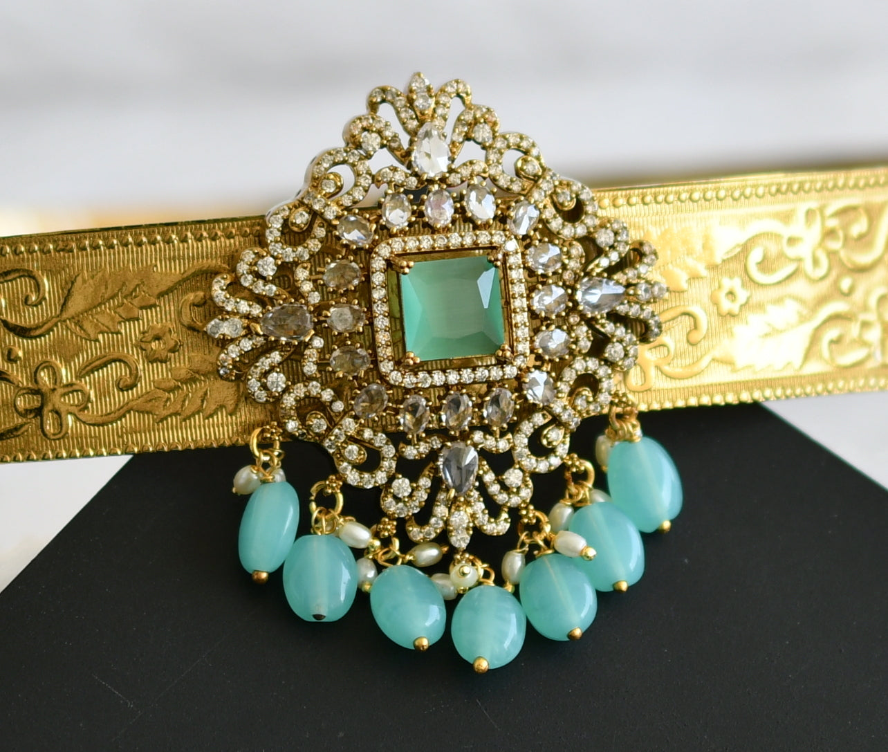 Antique gold tone cz sea-green beaded block stone waist band dj-49243