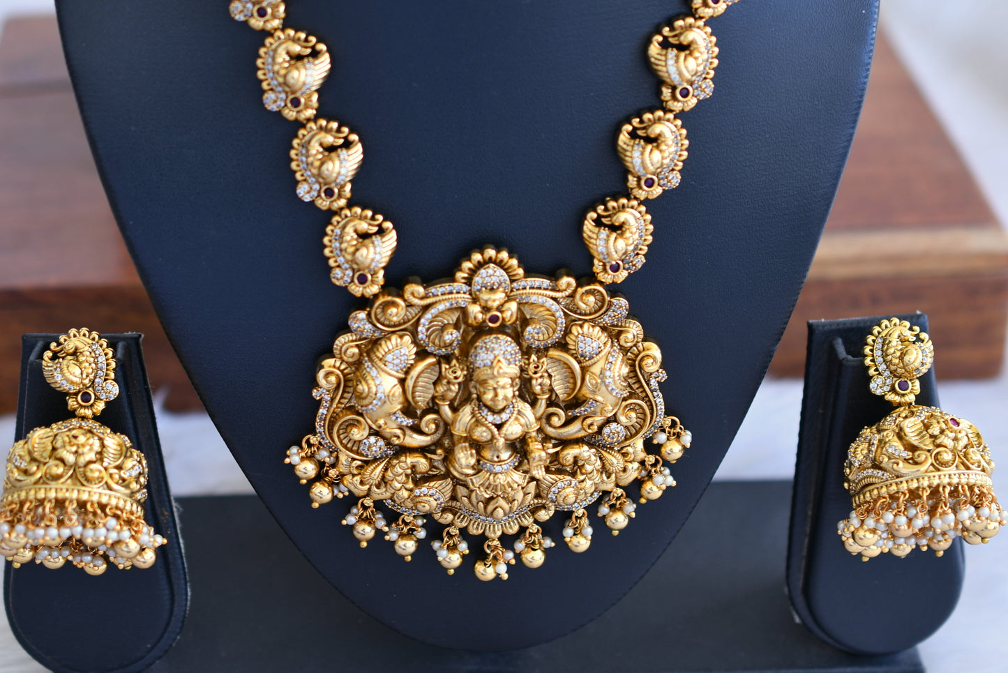 Antique gold look alike Cz Lakshmi peacock Necklace set dj-42700