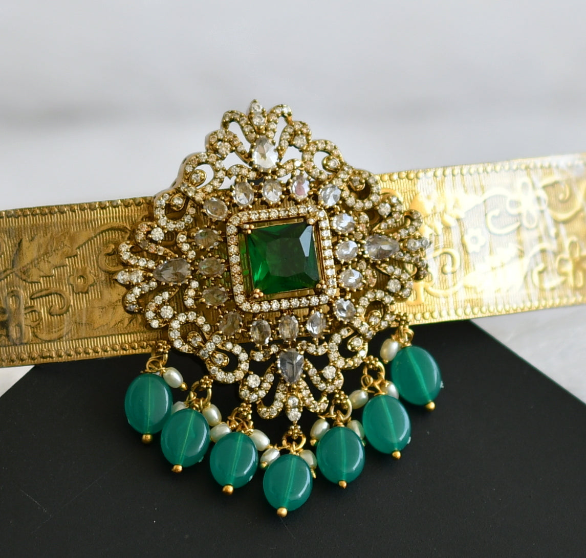 Antique gold tone cz green beaded block stone waist band dj-49245