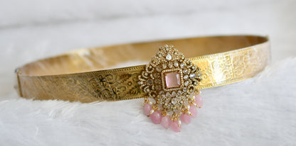 Antique gold tone cz baby pink beaded block stone waist band dj-49244