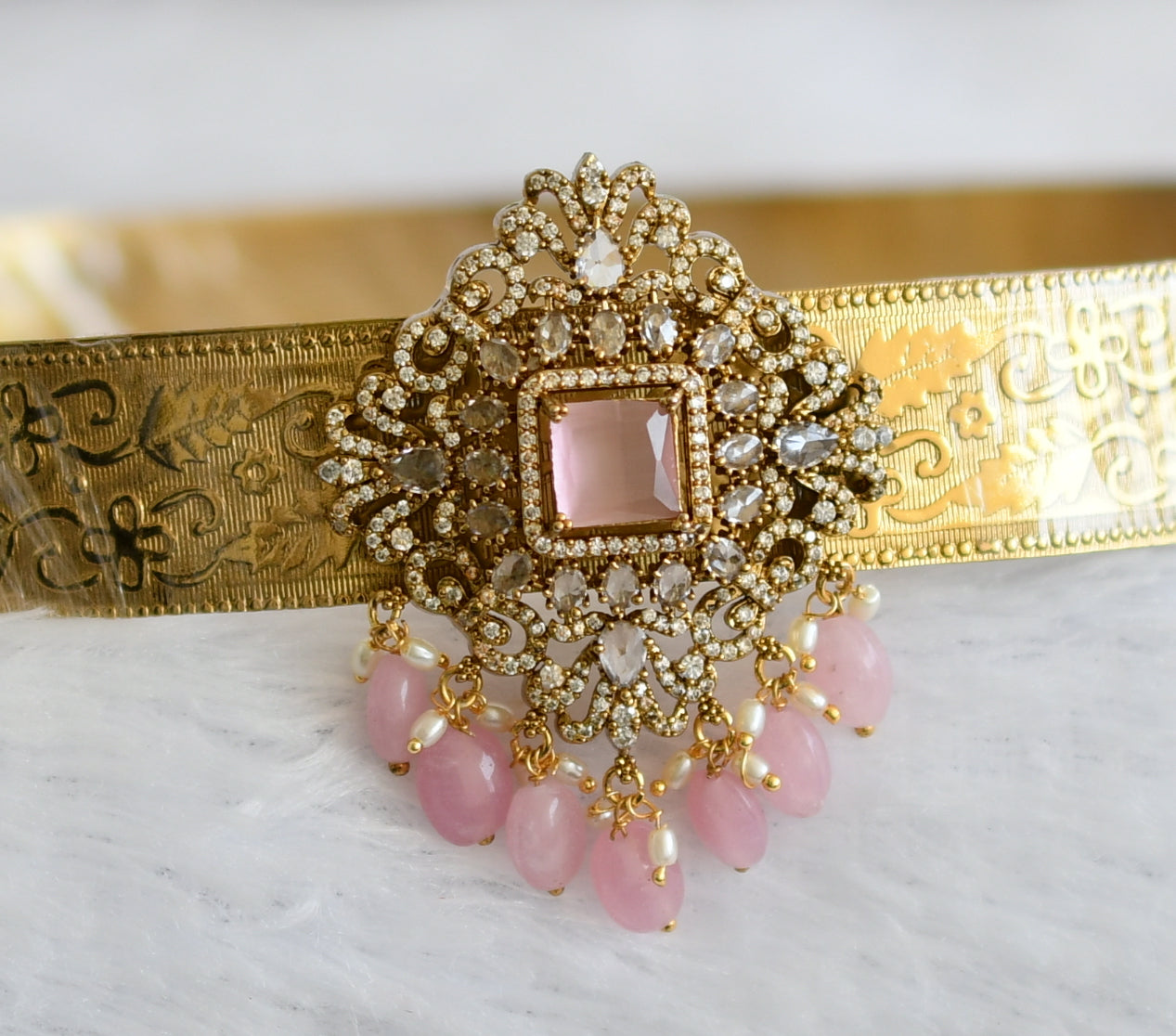 Antique gold tone cz baby pink beaded block stone waist band dj-49244