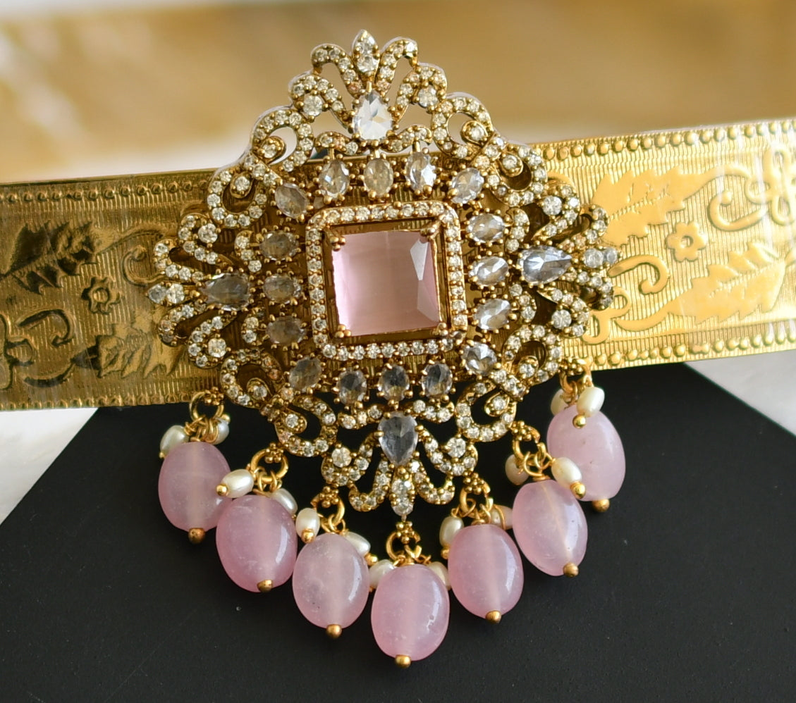 Antique gold tone cz baby pink beaded block stone waist band dj-49244