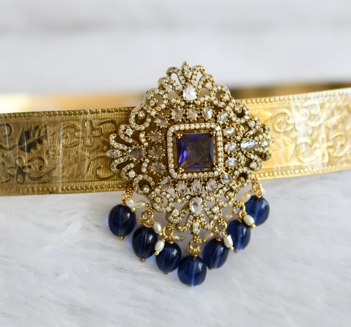 Antique gold tone cz purple beaded block stone waist band dj-49246