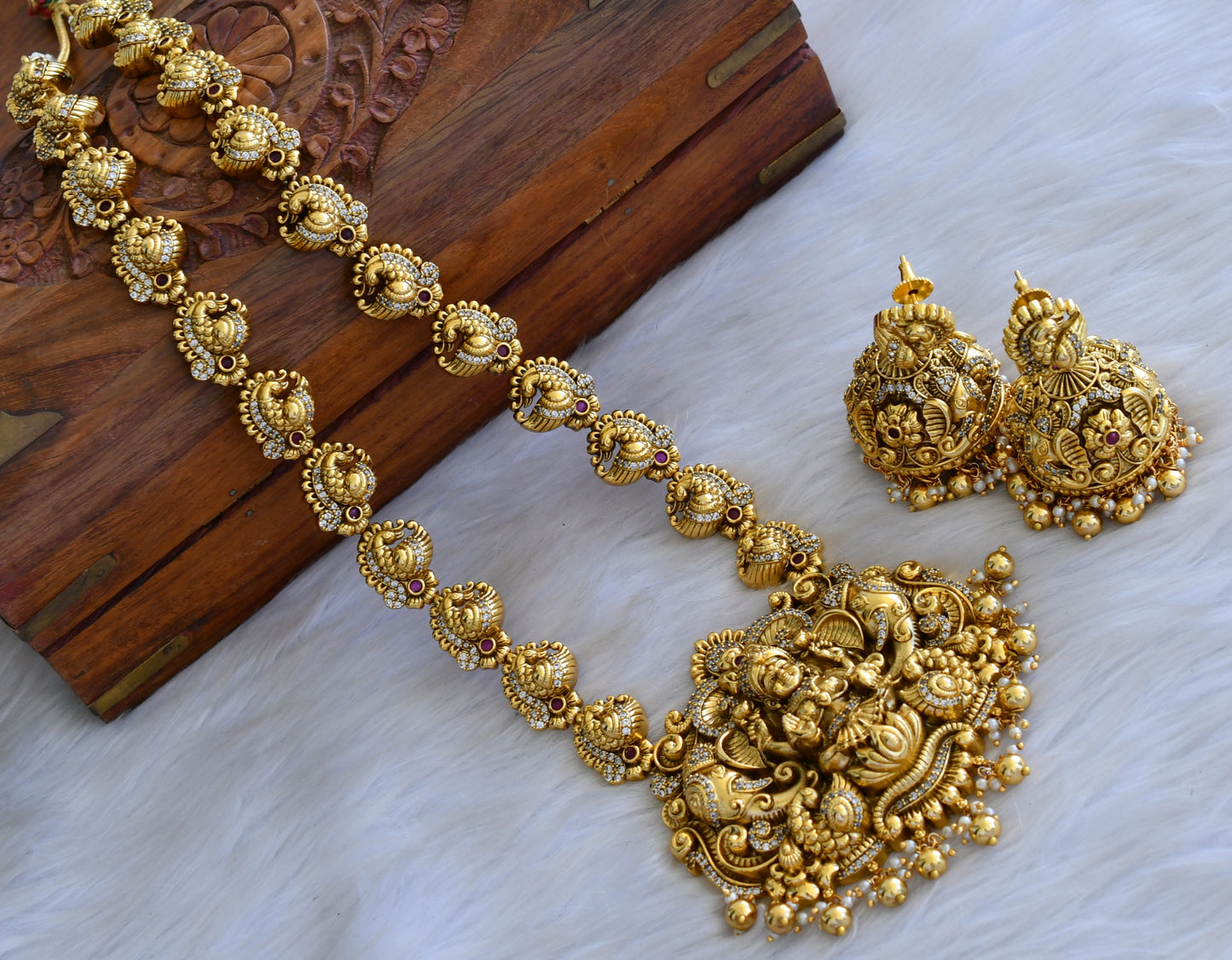 Antique gold look alike Cz Lakshmi peacock haar set dj-42701