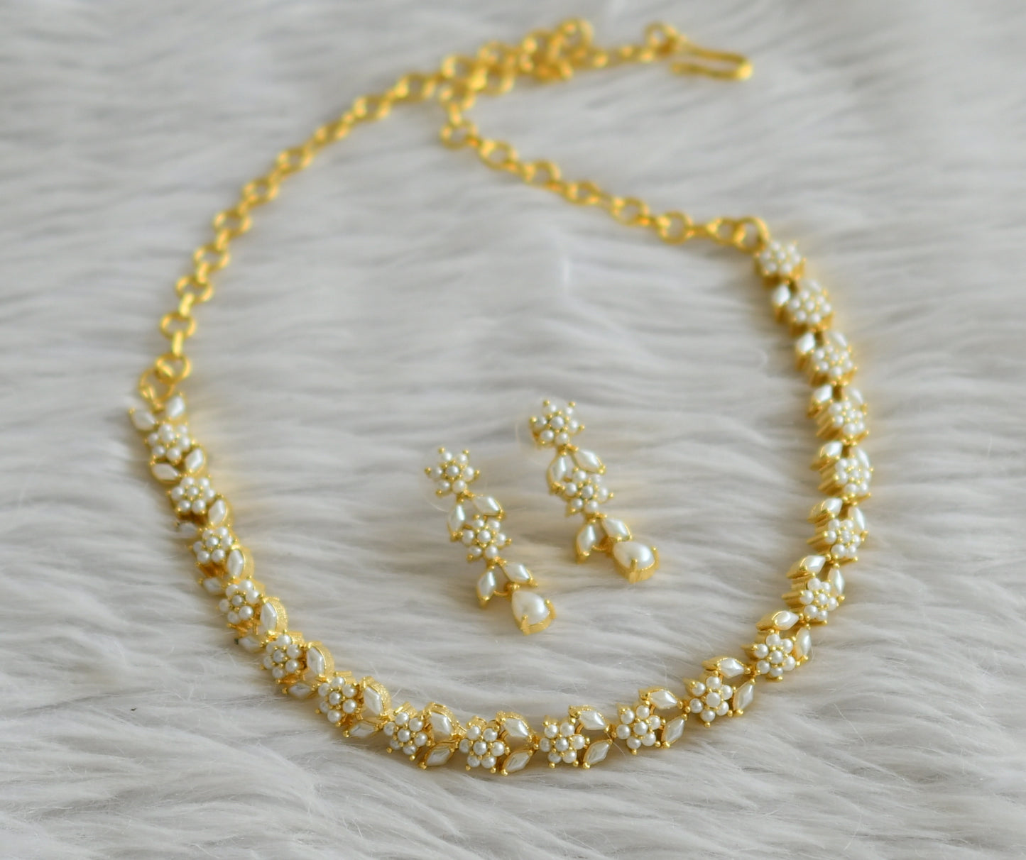 Gold tone pearl stone flower necklace set dj-45750